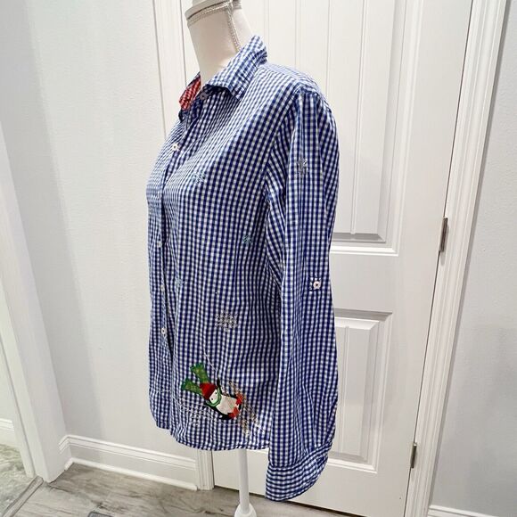 White Stag Womens Large Christmas Gingham Button Down Roll Tab Shirt Embroidered - Picture 4 of 13